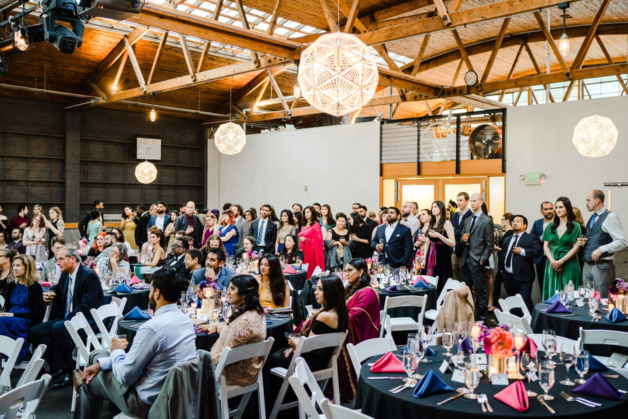 Contemporary geometric chandelier lighting installation for events at 415 Westlake Seattle