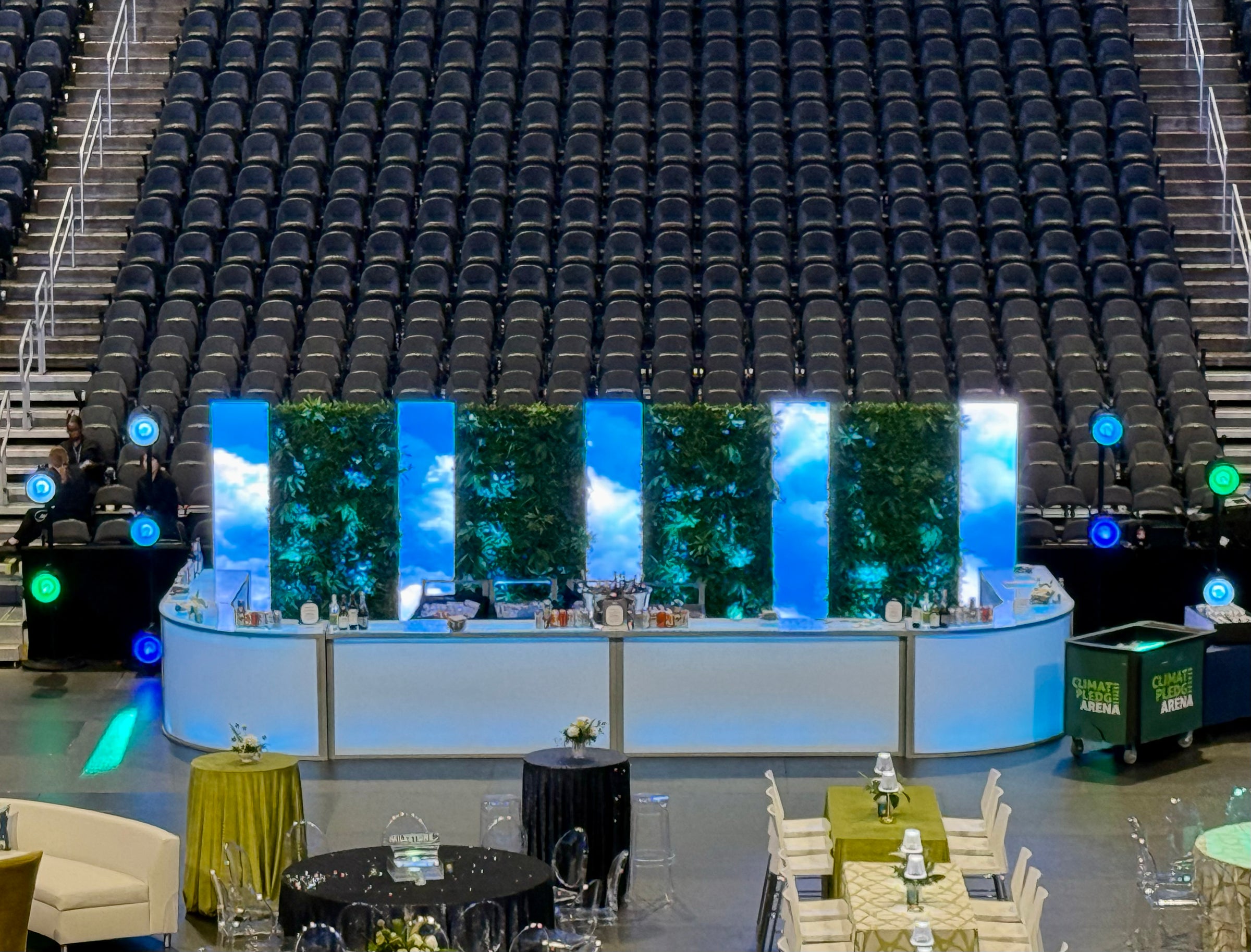 Vertical LED video wall panels used for a bar backdrop at Climate Pledge Arena in Seattle by LightSmiths